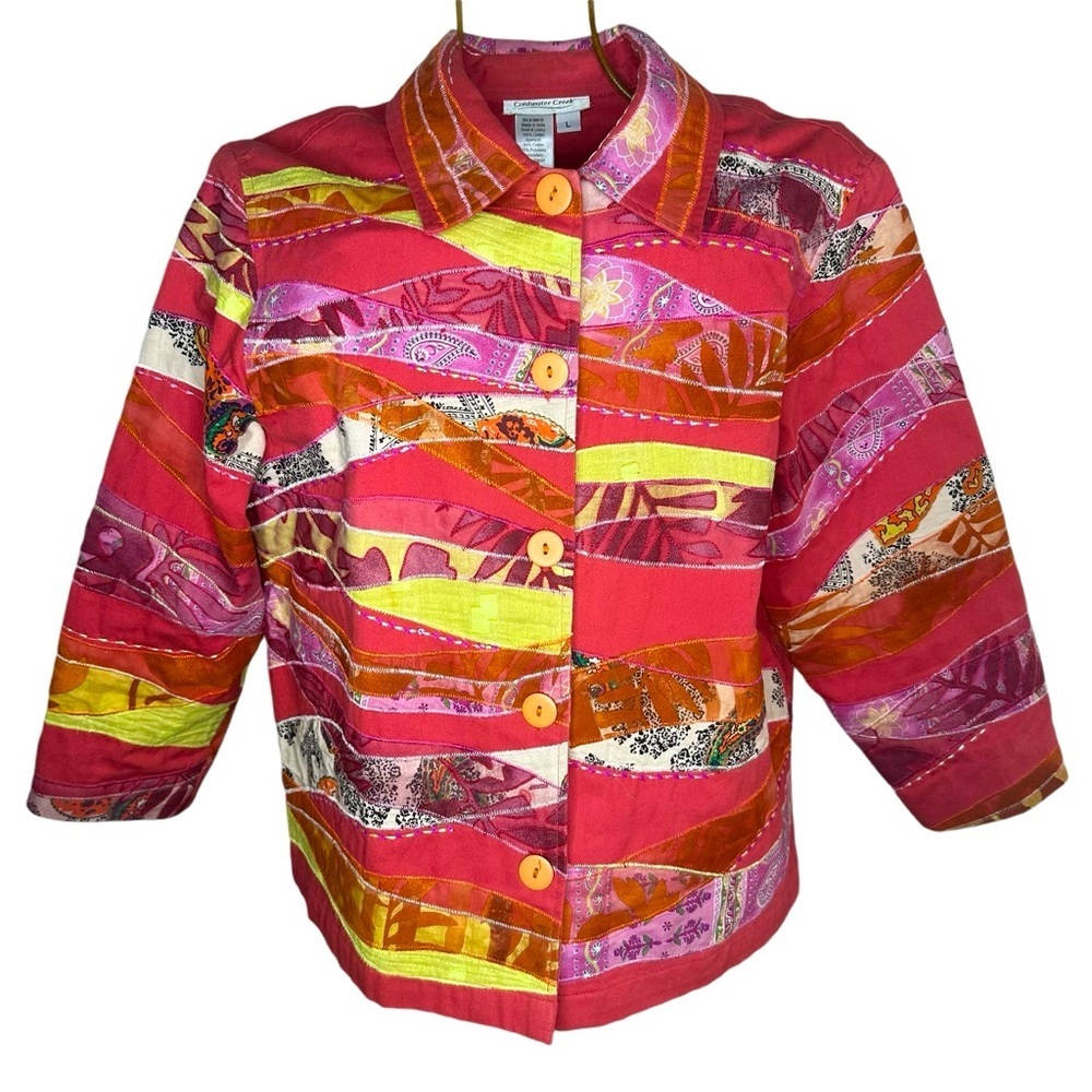 Vintage Coldwater Creek Jacket Womens Crazy Quilt Patchwork Artist Spring Colors